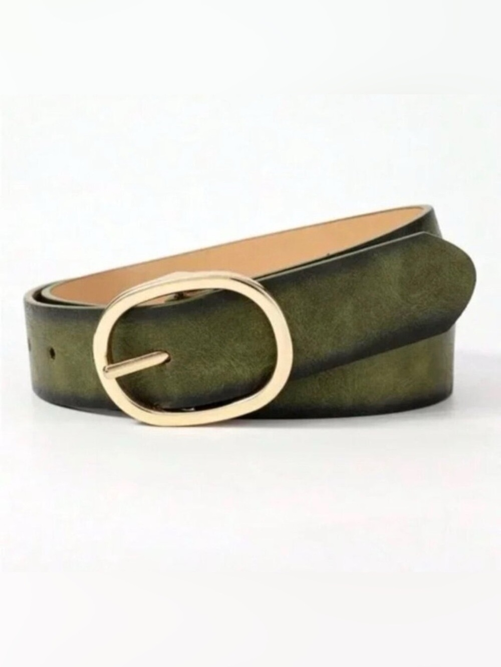 Italian Luxury Olive Green Vegan Leather Belt Gold Oval Buckle NWOT Size 39” - Picture 1 of 4